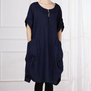 Minibee Plus Size Linen Blend High-Low Midi Dress with Pockets – Deep Blue